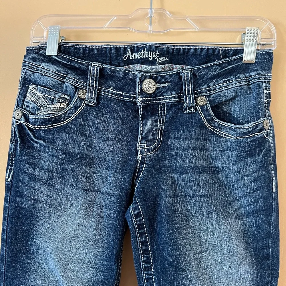 Amethyst Jeans capris Blue women’s size 5 Denim embellished pockets sequin 28x16 - Picture 7 of 13